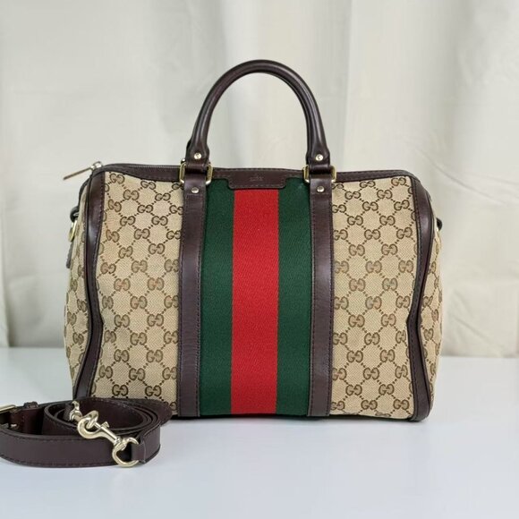 Gucci GG Logo Supreme Boston Shoulder Bag Crossbody with Red Green Stripes - Picture 1 of 10